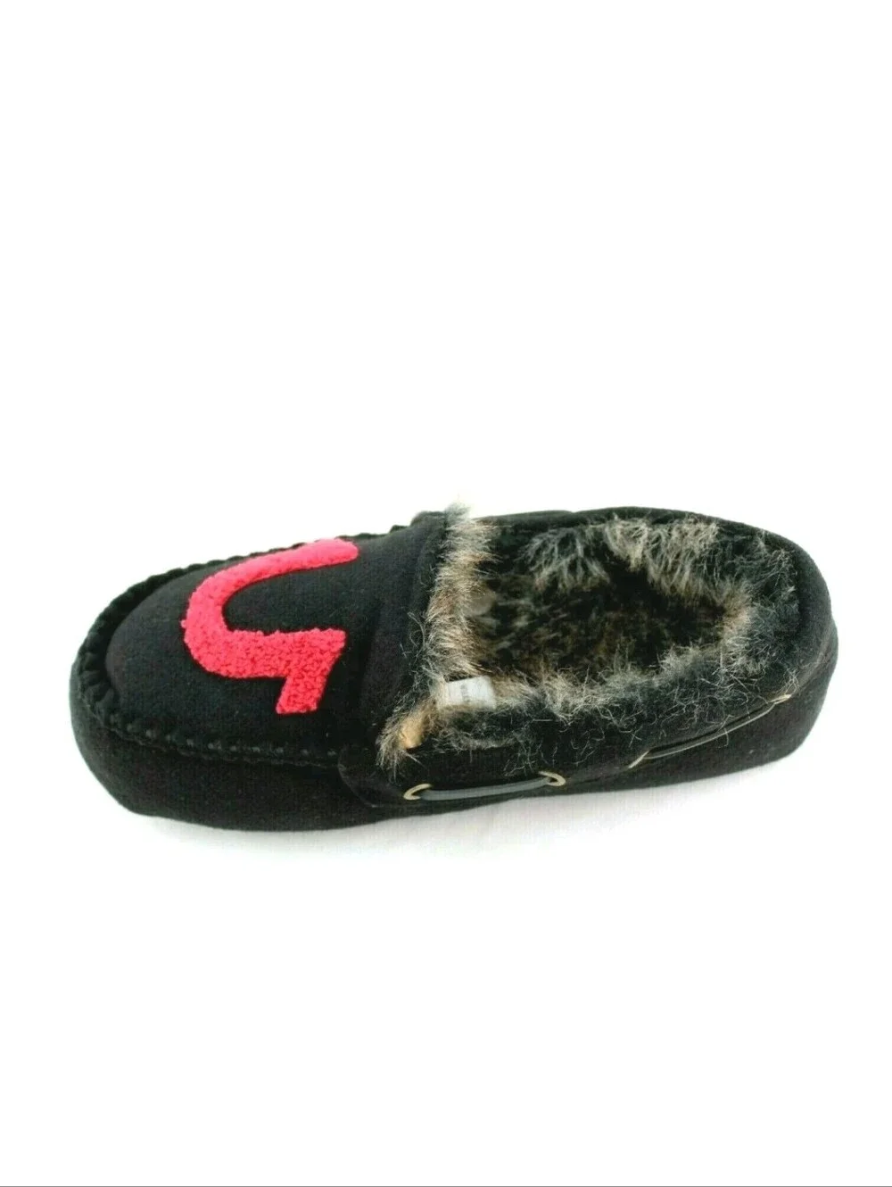True Religion Black Faux Fur Moccasin Slipper with Red Logo